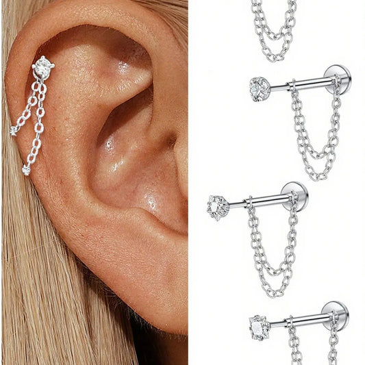 Unisex Stainless Steel Cubic Zirconia Earrings, 20G Push-Back Studs with Double Chain Design, CZ Earrings, Cz Stones Earrings, Fashion Ear Jewelry, Trendy Jewelry Accessories, Sparkling Zirconia, Perfect Gift, Shining Earrings