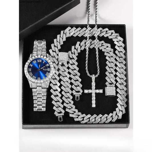 Unisex 3-Piece Punk Jewellery Exquisite Watch Set, Set Includes Rhinestone Shine Cross Pendant Necklace, Adjustable Alloy Bracelet & Exquisite Watch for Everyday Wear