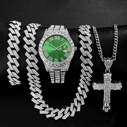 Men's Quartz Watch Set with Punk Cuban Chain Necklace & Bracelet, Men Jewelry, Multiple Colors, Perfect Gift for Daily Wear, Holidays, Back-To-School, Jewelry Sets