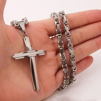 2pcs Mens Stainless Steel Silver Jesus Cross Pendant Necklace Chain Bracelet Set Jewelry, High-quality Religious Cross Pendant, Men'S Daily and Gift-giving Accessories, Suitable for All Seasons