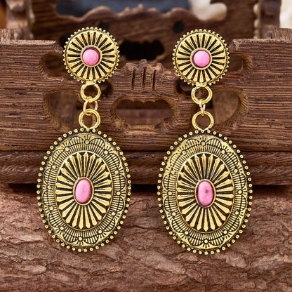 Vintage Western Inspired Stylish Jewelry Cowboy Style Totem Design Carved Geometric Shape Ethnic for Women, Good Earrings, High-Quality Versatile Bohemian Turquoise Jewelry