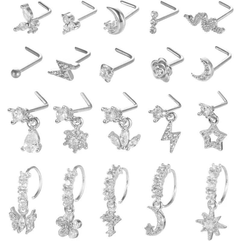 20Pcs 20G Gold Tone Nose Rings Set for Women, Stainless Steel L Shaped Nose Studs & C Shaped Dangle Rings, CZ Butterfly Flower Moon Star Nostril Piercing Jewelry