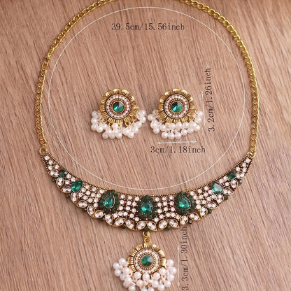 Vintage Indian Inspired Jewelry Set for Women, Necklaces Earrings Set, Antique Gold Tone Stone Choker Necklace and Matching Earrings with Faux Pearl Tassels, Boho Wedding Party Accessories.Available in Green and Red