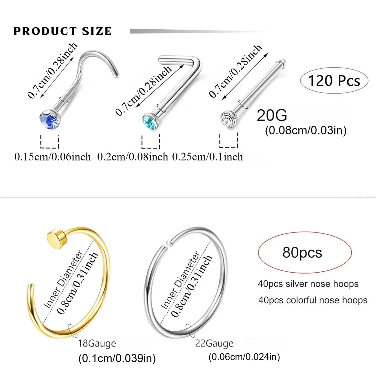 200pcs Nose Rings Set for Women & Men, 316L Stainless Steel, Hypoallergenic, L-Shaped Screw Body Piercing Jewelry, L Shaped Nose Studs for Tragus/Nose/Helix/Conch, Stylish & Comfortable Mix, Helix Pierced Ring