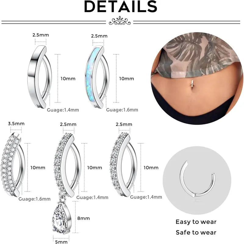 Sanfenly Women's 5Pcs 14G Minimalist Opal Belly Button Rings Set, Silver-Gold Hypoallergenic Body-Safe Piercing Jewelry, Dainty Gemstone Hoop CZ Clicker Accessories for Everyday Wear