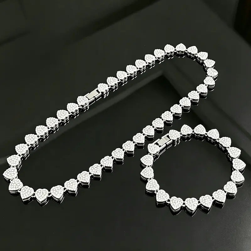 2PCS Heart Shaped Cuban Chain Necklace Set, Rhinestone Choker Necklaces, Hip Hop Style Choker Set , Dainty Zirconia Cut Faux Diamond Chain for Women and Men, Luxurious Jewelry Set for Party Birthday, Everyday Wear