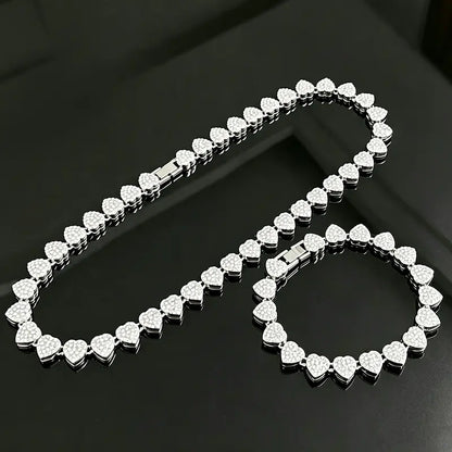 2PCS Heart Shaped Cuban Chain Necklace Set, Rhinestone Choker Necklaces, Hip Hop Style Choker Set , Dainty Zirconia Cut Faux Diamond Chain for Women and Men, Luxurious Jewelry Set for Party Birthday, Everyday Wear