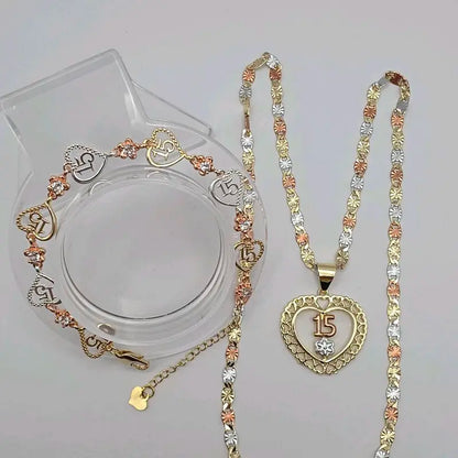 15th Year's Beautiful Heart & Flowers Necklace 20 Inches Gold-Plated Bracelet Set in Three Colors Jewelry Gift