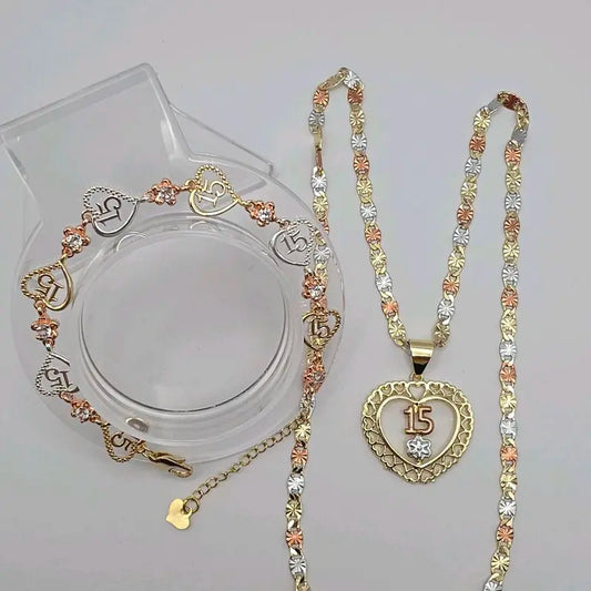 15th Year's Beautiful Heart & Flowers Necklace 20 Inches Gold-Plated Bracelet Set in Three Colors Jewelry Gift