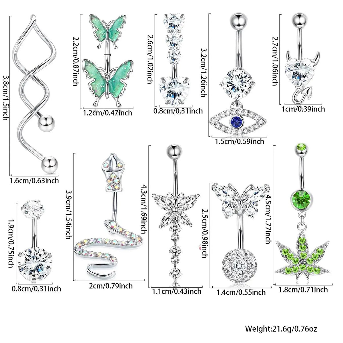 Women's Rhinestone Decorated Charms Belly Piercing Chic Body Jewelry, Body Piercings Set, Belly Button Rings, New Summer 2024 Butterfly & Eye & Snake & Heart Navel Real Jewelry Sets for Women Girls, Body Jewellery