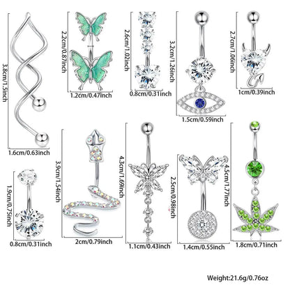 Women's Rhinestone Decorated Charms Belly Piercing Chic Body Jewelry, Body Piercings Set, Belly Button Rings, New Summer 2024 Butterfly & Eye & Snake & Heart Navel Real Jewelry Sets for Women Girls, Body Jewellery