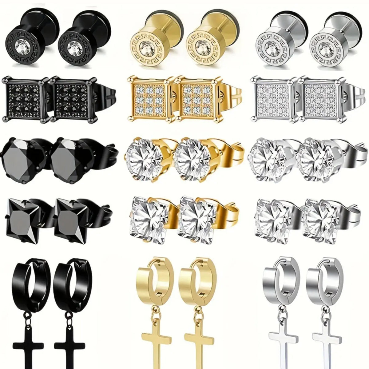 Geometric and Cross Design Earrings Set, Earring Pack, Hypoallergenic Stainless Steel Cartilage Stud Earrings with Artificial Zircon for Women and Men, Earrings Studs, Gift Jewelry