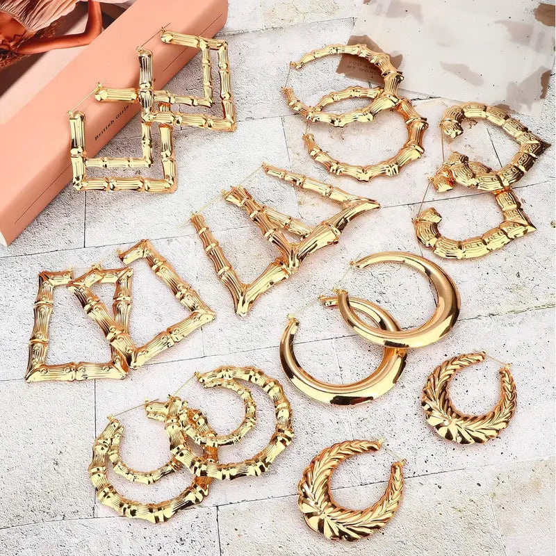 CASSIECA 8Pair Bamboo Geometric Statement Earrings Set, Handmade Artificial Gemstone Jewelry with Large Different Shapes, Chunky Bling Accessories for Women for Party, Daily Wear Sohochic