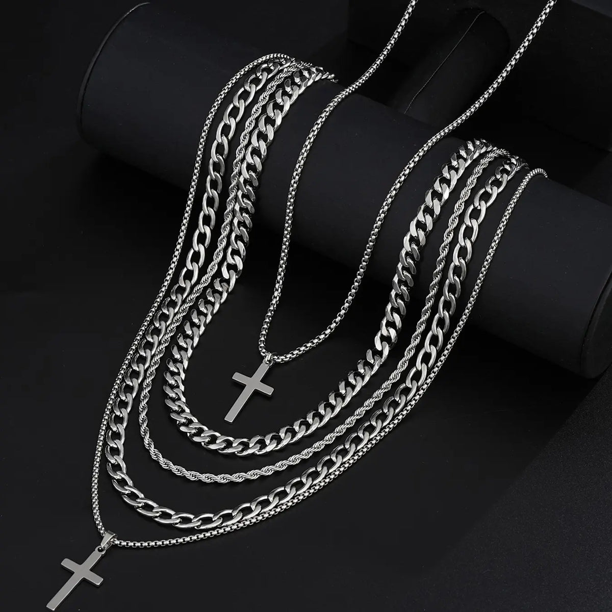 Men's Stainless Steel Fashion Jewelry Set, Casual Punk Cross Pendant Necklace Chain Bracelet Ring Set, Geometric Pattern, All Seasons Gift, Necklace and Bracelet Set