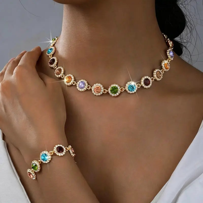Stylish & Unique Colorful Zircon Bracelet & Necklace Set — The Perfect Holiday Gift — Premium Women's Jewelry Set