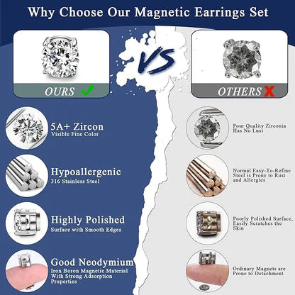 CASSIECA 2Pair Unisex Stainless Steel Magnetic Studs Earrings Set, Non Piercing Fake Piercing 5 8MM CZ Jewelry for Adults,Men's Accessories Sohochic