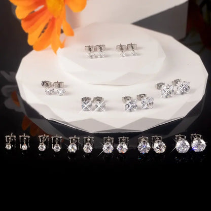A Set of 12/6 Pairs Cubic Zirconia Stud Earrings,Hypoallergenic Silver Plated Piercing Pack,Clear Square & Round Princess Cut Diamond Simulator for Sensitive Ears,Halloween Christmas Party Fathersdaygift,Hand Tools Kits