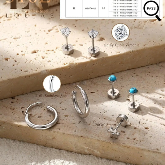 21Pairs Steel Flat Back Earrings Hypoallergenic 20G Screw Back Nap Stack Cartilage Earring Stacks Earring Set