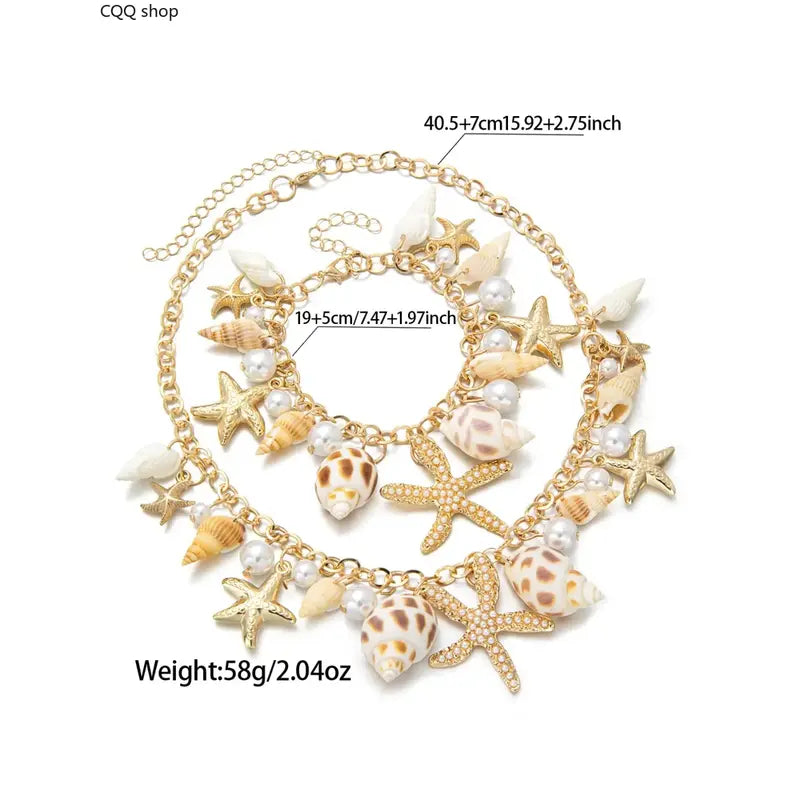 Unisex Nautical Ocean-Themed 2-Piece Alloy Artificial Pearl Jewelry Set - Star Sports Wristbands, Seashell Geometric Necklace, Durable and Refined Appearance, for Everyday Wear, Gifting