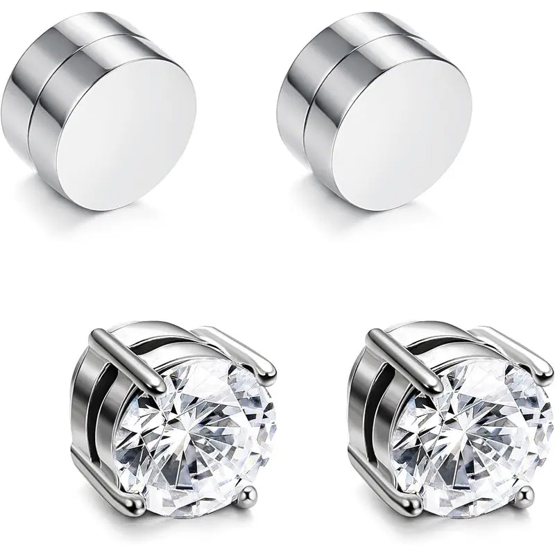Unisex Stainless Steel Magnetic Stud Earrings Set, 6MM 8MM CZ Non‑Piercing Fake Piercing Earrings, Reusable No Pierced Jewelry for Adult Men Women, Summer Style Daily Wear Accessories`