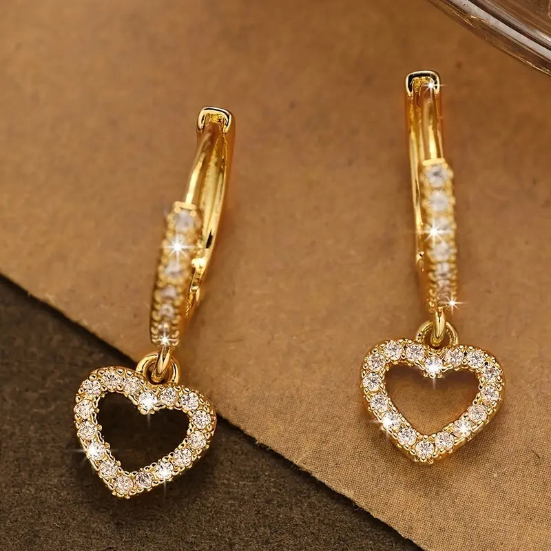 1 Pair Golden Cubic Zirconia Earrings Luxurious Women Charm Heart Drop Dangle Earrings Wedding Engagement Party Jewelry Birthday Valentine'S Day Gifts