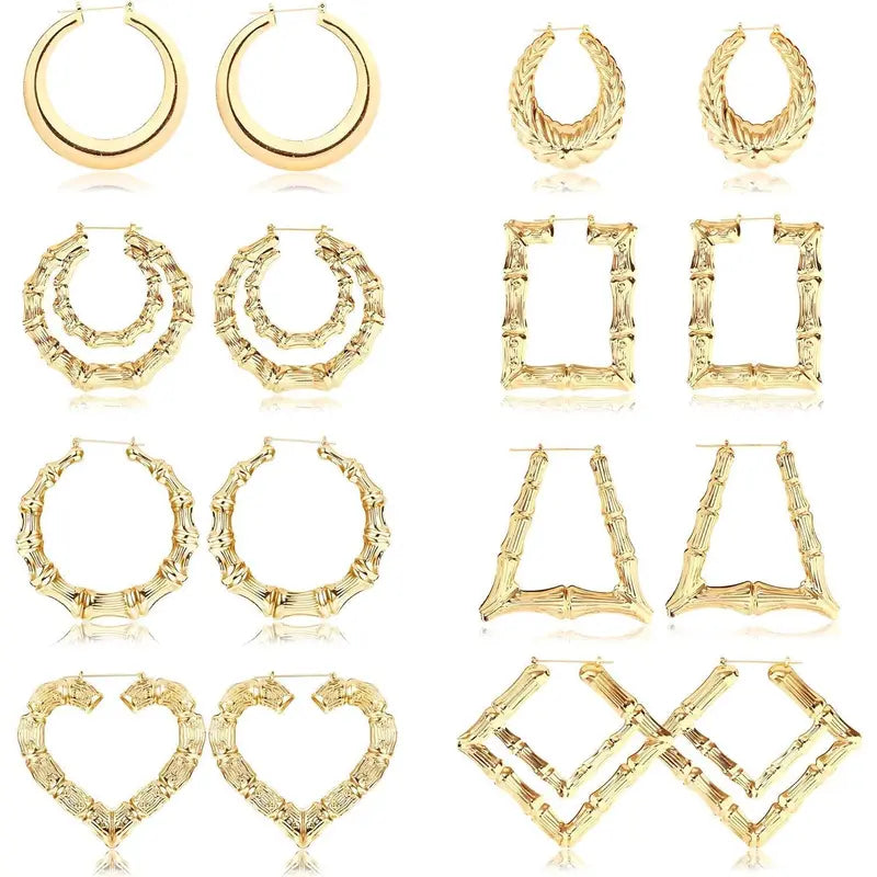 CASSIECA 8Pair Bamboo Geometric Statement Earrings Set, Handmade Artificial Gemstone Jewelry with Large Different Shapes, Chunky Bling Accessories for Women for Party, Daily Wear Sohochic