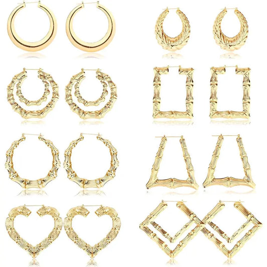 CASSIECA 8Pair Bamboo Geometric Statement Earrings Set, Handmade Artificial Gemstone Jewelry with Large Different Shapes, Chunky Bling Accessories for Women for Party, Daily Wear Sohochic
