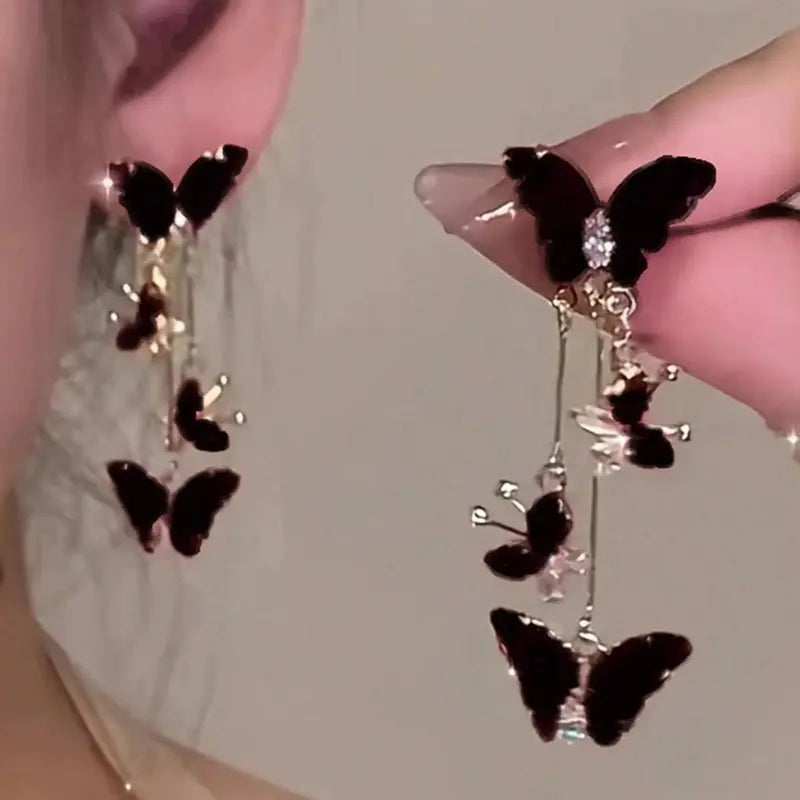 Charm Butterfly Tassel Earrings - Vibrant Women Exquisite Shiny Rhinestone Butterfly Tassel Glitter Dangle Earrings Party, Proms, Music Festivals, And Holiday Wear Accessories