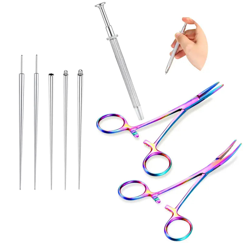 GEMQUEEN Rust-Proof Stainless Steel Piercing Taper Pliers Ball Grabber Piercing Kit - 4.7in Curved/Straight Forceps, 14G/16G/18G Sizes, Acrylic-Safe, Secure Hold, Internal Thread Insertion Pins, for Earlobe Helix Tragus Body Jewelry Adjustment