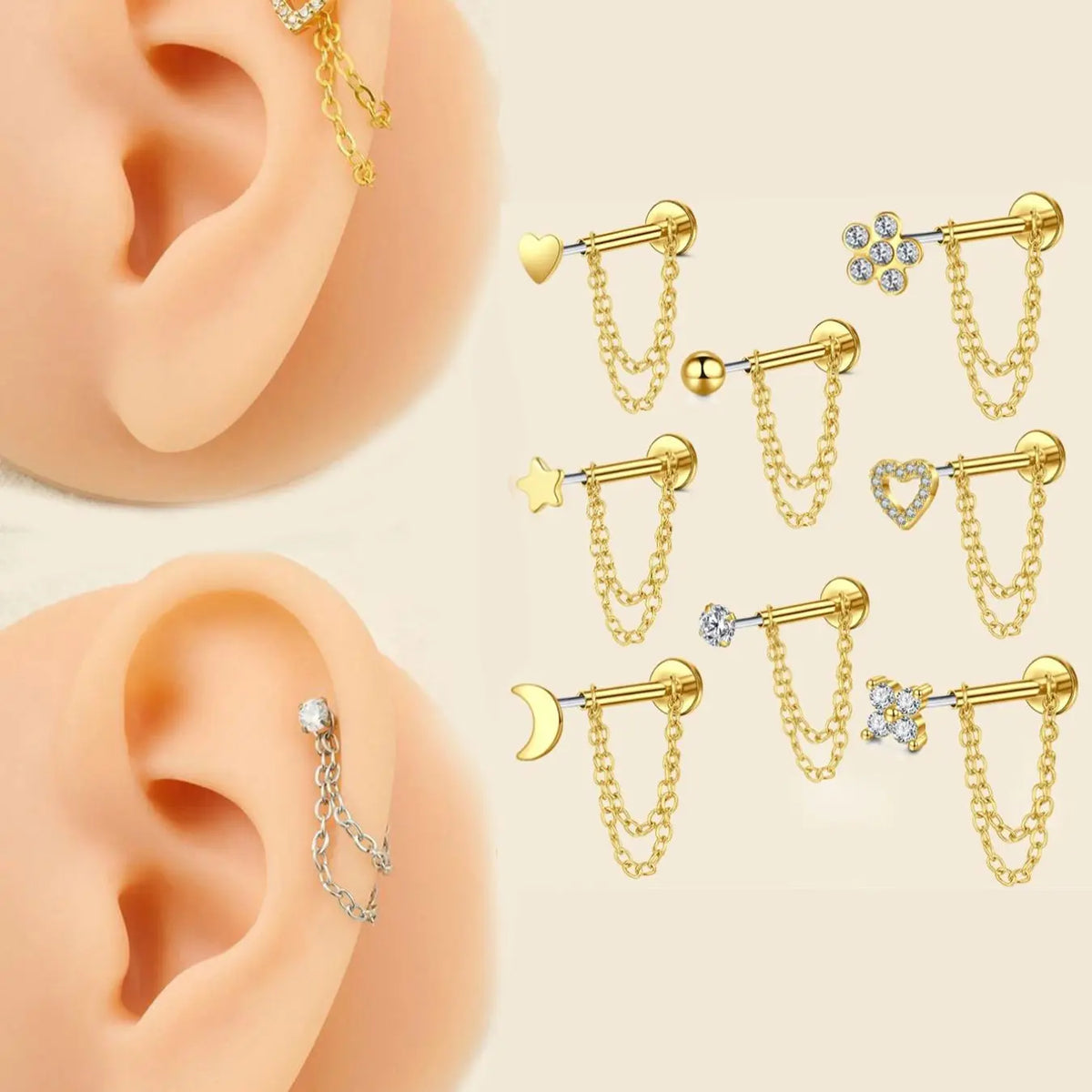Unisex Stainless Steel Cz Heart Chain Earrings, 20g Push-Back Studs, Fashionable Jewelry Gift for Birthdays & Special Occasions, Chain Style, Trendy Fashionable Accessories, Zircon Stud Earrings, Cubic Zirconia