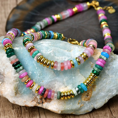 Fashion Colorful Natural Stone Necklace & Bracelet Set, Dopamine Beads Choker & Bracelet, Perfect Gift for Women, Fashionable Matching Jewelry Set for Parties & Vacations, Ideal Gift