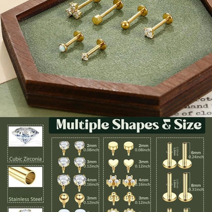 1 Set 16G 18G Flat Back Stud Earrings for Women Men Hypoallergenic Stainless Steel Internal Thread Stud Piercing Jewelry for Tragus Helix Cartilage Conch Nose Lip Labret Medusa Piercings