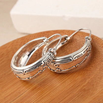 Bohemian Earrings, Silver Color Women's Earrings, Handmade Earrings, Gift for Her, Textured Silver Earrings, Fashion Jewelry, Stylish Jewelry, Hoop Shape Earrings, Fashionable Hoop Earrings, Hoops Shape Earrings