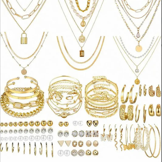 Women's 108pc Mix & Match Western-Style Costume Jewelry - Gold Necklace, Earrings for Women, Bracelet, Ring, Heart Accents Add Sweet Western Charm, Valentine Gift for Birthday Parties, Gold Necklace Set, Accessories For Women