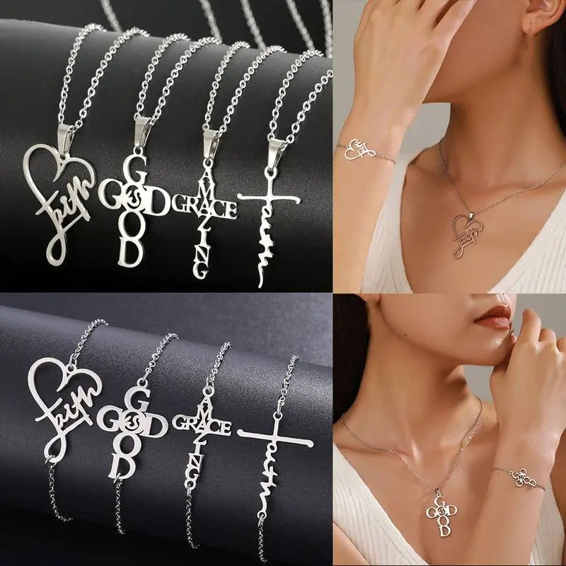 8pcs Stainless Steel Inspirational Christian Jewelry Set with Cross, Faith, Grace Pendants - Heart & Praying Hands Charms - Hip Hop & Vintage Style Necklaces, Bracelets for Women - Durable Everyday Faith-Based for Church Events