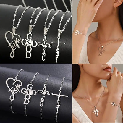 8pcs Stainless Steel Inspirational Christian Jewelry Set with Cross, Faith, Grace Pendants - Heart & Praying Hands Charms - Hip Hop & Vintage Style Necklaces, Bracelets for Women - Durable Everyday Faith-Based for Church Events