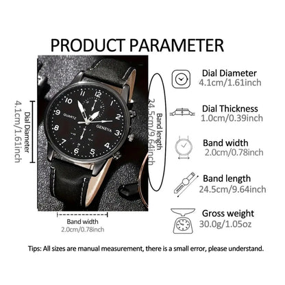 Men's Business Fashion Watch & Jewelry Set, Including Round Dial Watch, Chain Bracelet, Pendant Necklace and Ring, Trendy Versatile Exquisite Set for Birthday Gift