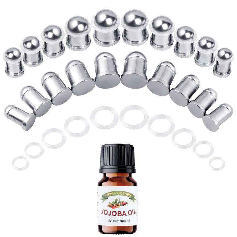 Stainless Steel Ear Stretching Kit (12-26Pcs) - 1-7mm/7.5-12mm Plugs with O-Rings, Jojoba Oil Aftercare, Gauge Tunnels for Stretched Ears Style, Body Piercing Jewelry for Adults, Ear Gauge Tunnels