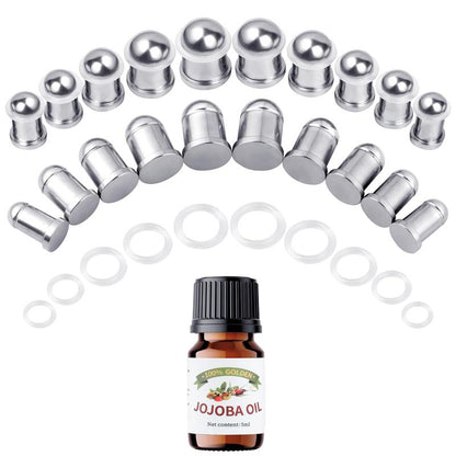 Stainless Steel Ear Stretching Kit (12-26Pcs) - 1-7mm/7.5-12mm Plugs with O-Rings, Jojoba Oil Aftercare, Gauge Tunnels for Stretched Ears Style, Body Piercing Jewelry for Adults, Ear Gauge Tunnels