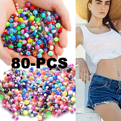 80Pieces Belly Button Rings Bulk Colorful Body Piercing Jewelry Navel Barbell Body Stainless Steel Belly Rings Piercing Jewelry for Women Girls