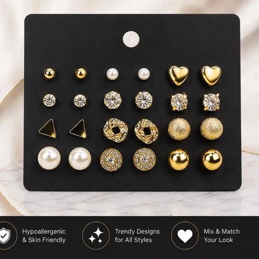 Women's 12-Pair Stylish Ear Stacking Casual Earrings Set - Fashionable Jewelry Accessories for Daily & Special Occasions, Seamless Office Earring Set
