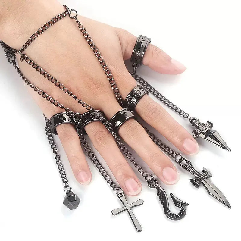 Unisex Anime-Inspired Metal Chain-Link Bracelet with 5-Ring Kurapika Finger Chains, Hunter x Hunter Cosplay Collectible - Casual Costume Jewelry for Cosplay Events, Flower Accent, Small Parts Choking Hazard Note