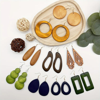 Women's Geometric Wood Earrings, Teardrop/Round/Rectangle Shapes, Boho Style Jewelry, Bohemian Earrings, Vintage Fashion Statement Earrings, Versatile Earrings for Daily Wear, Gift Idea