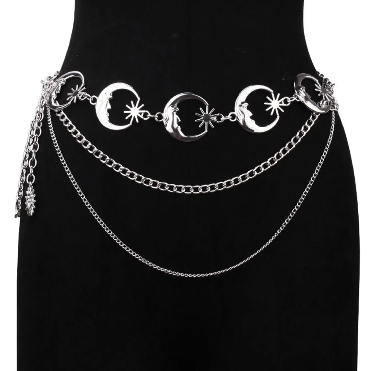 Women's Layered Metal Chain Belt, Gold‑Tone or Silver‑Tone Waist Chain with Moon and Sun Charms, Adjustable Decorative Body Jewelry for Dresses, Skirts, Parties, and Festival Outfits