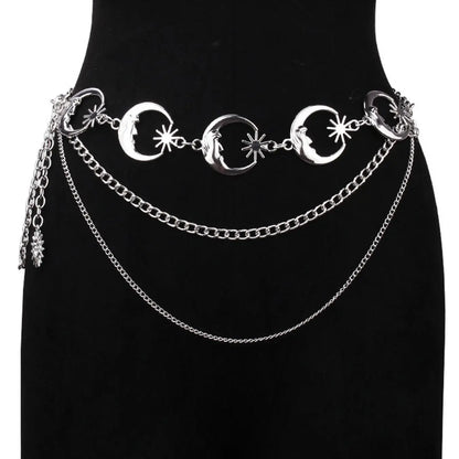 Women's Layered Metal Chain Belt, Gold‑Tone or Silver‑Tone Waist Chain with Moon and Sun Charms, Adjustable Decorative Body Jewelry for Dresses, Skirts, Parties, and Festival Outfits