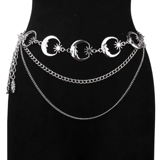 Women's Layered Metal Chain Belt, Gold‑Tone or Silver‑Tone Waist Chain with Moon and Sun Charms, Adjustable Decorative Body Jewelry for Dresses, Skirts, Parties, and Festival Outfits