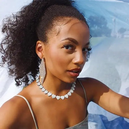 2PCS Heart Shaped Cuban Chain Necklace Set, Rhinestone Choker Necklaces, Hip Hop Style Choker Set , Dainty Zirconia Cut Faux Diamond Chain for Women and Men, Luxurious Jewelry Set for Party Birthday, Everyday Wear