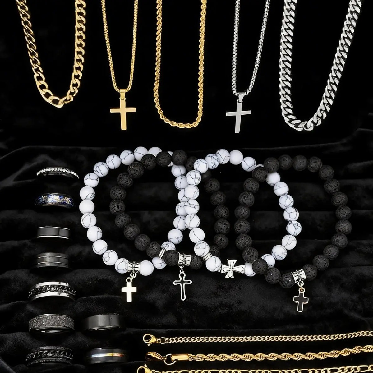 21-Piece Stainless Steel Jewelry Set, Fashionable Jewellery Gift Set, Trendy Jewelry Set, Men's Fashion Casual Punk Cross Pendant Necklace Bracelet Ring Set, Perfect Gift for Father's Day