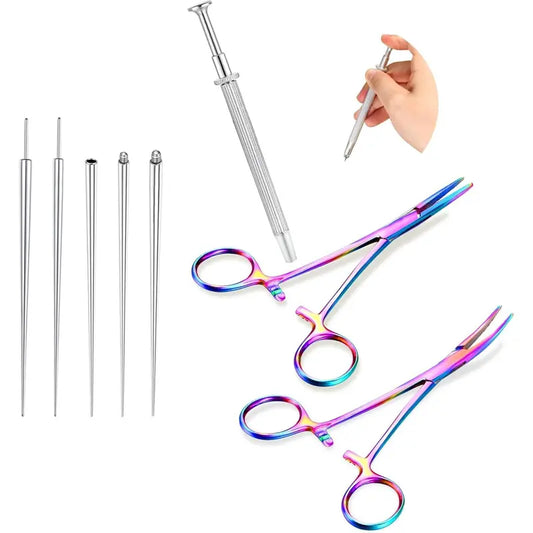 GEMQUEEN Rust-Proof Stainless Steel Piercing Taper Pliers Ball Grabber Piercing Kit - 4.7in Curved/Straight Forceps, 14G/16G/18G Sizes, Acrylic-Safe, Secure Hold, Internal Thread Insertion Pins, for Earlobe Helix Tragus Body Jewelry Adjustment