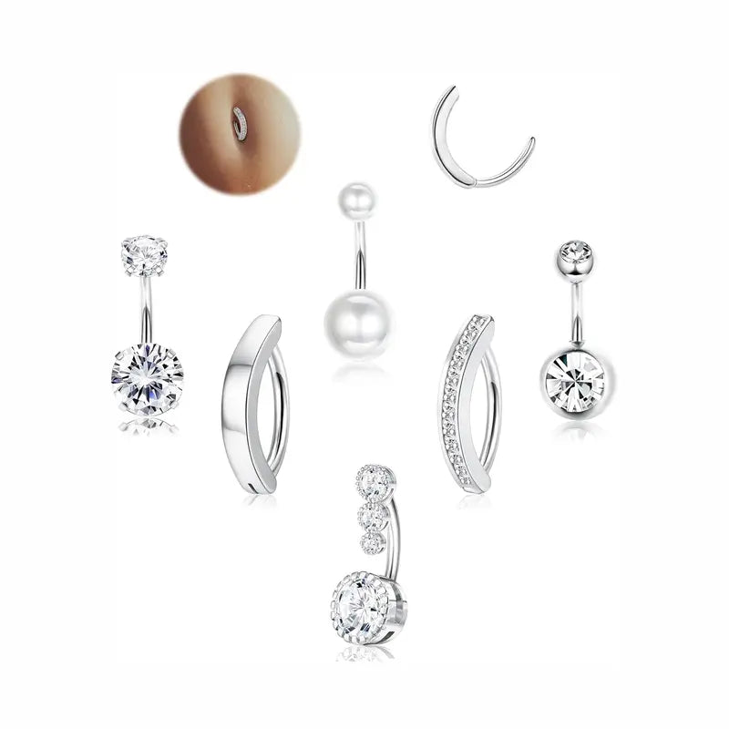 LOLIAS Women's Silver/14 Karat Gold Plated Surgical Stainless Steel CZ Clicker Belly Button Rings Pack for Navel Piercings